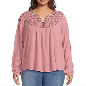 Nurture by Westbound Pink Embroidered Women's Top Boho Peasant Floral NEW